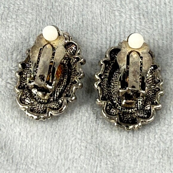 Vintage Ornate Silver & Gold-Tone Clip-On Earrings Women Classic Textured Design - Picture 3 of 16